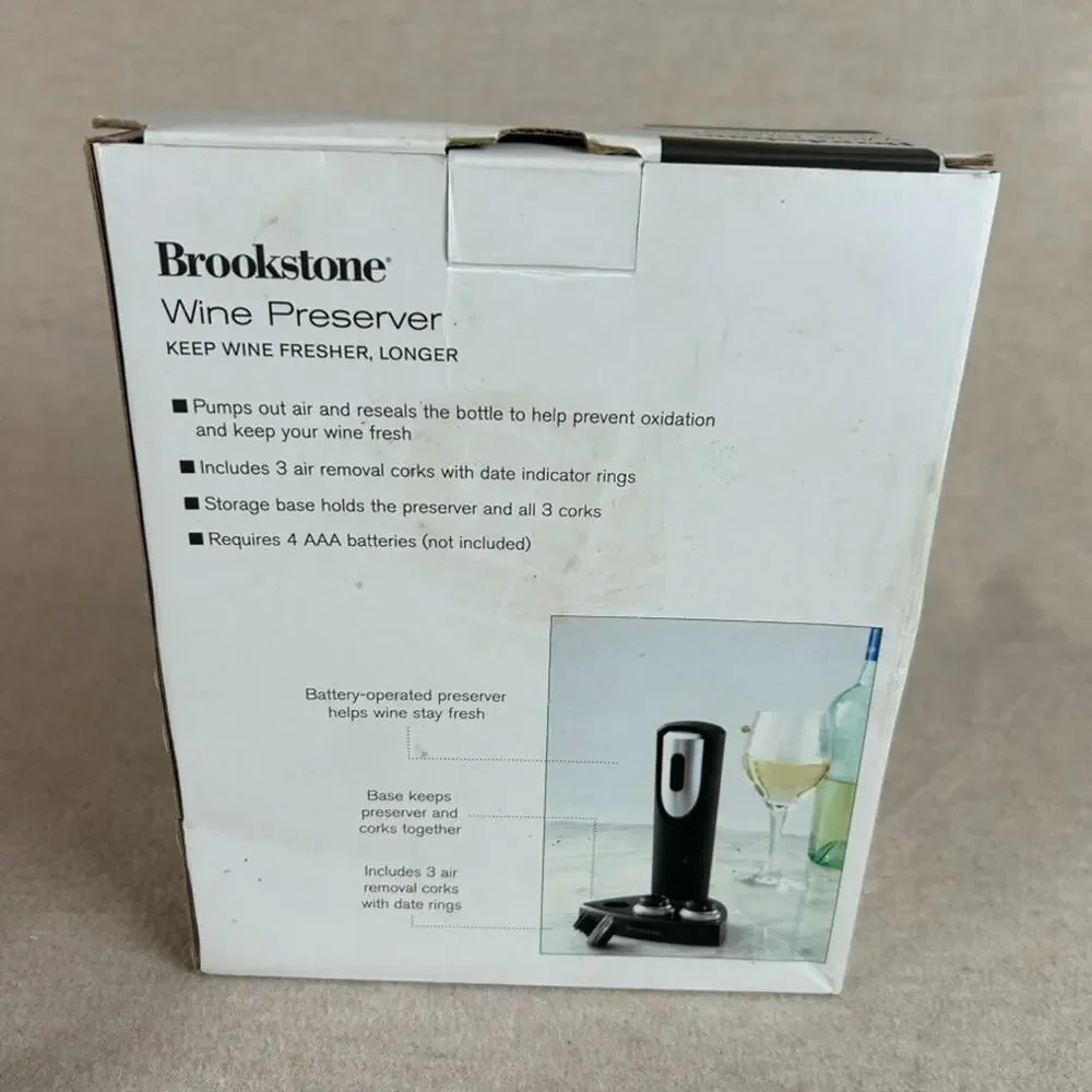 Brookstone Wine Preserver With 3 Wine Stoppers With Date Indicator Rings & Stand